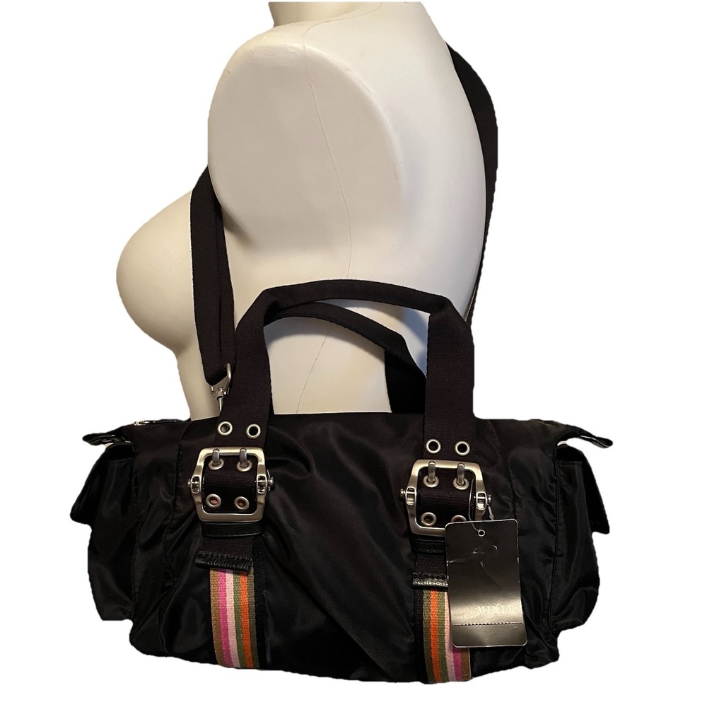 Vtg Mixit Y2K Nylon Purse Black Rainbow Stripe Duffle Style Bag Metal Buckle NOS